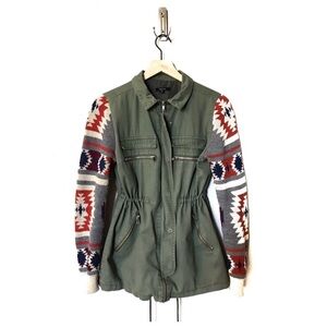 Quinn Olive Green Utility Jacket with Aztec Patterned Sleeves Size Medium